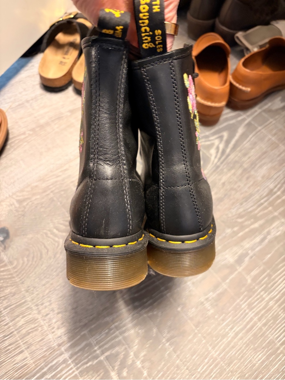 Dr. Martens Black Leather Combat Boots with Pink Floral Embroidery - Picture 3 of 7